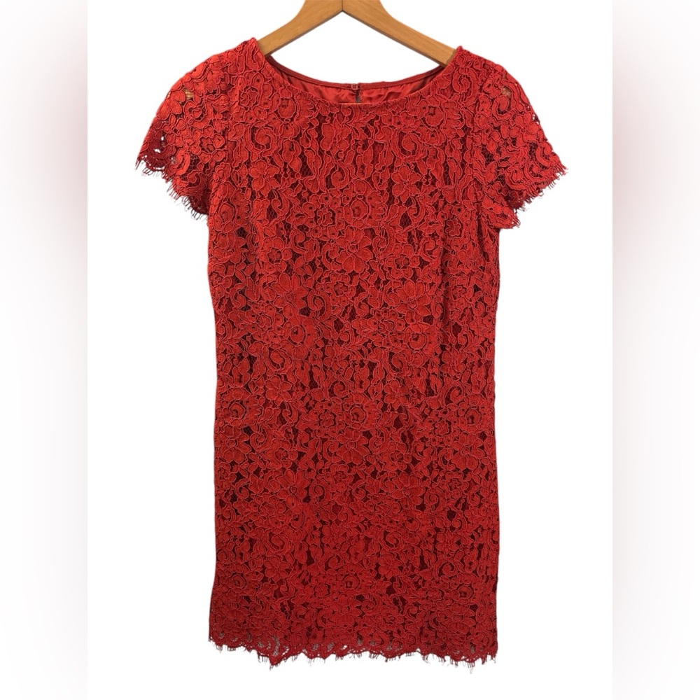 Zara Red Lace Dress Short Sleeve Lined Sheath Sz XS Cocktail Business Valentine